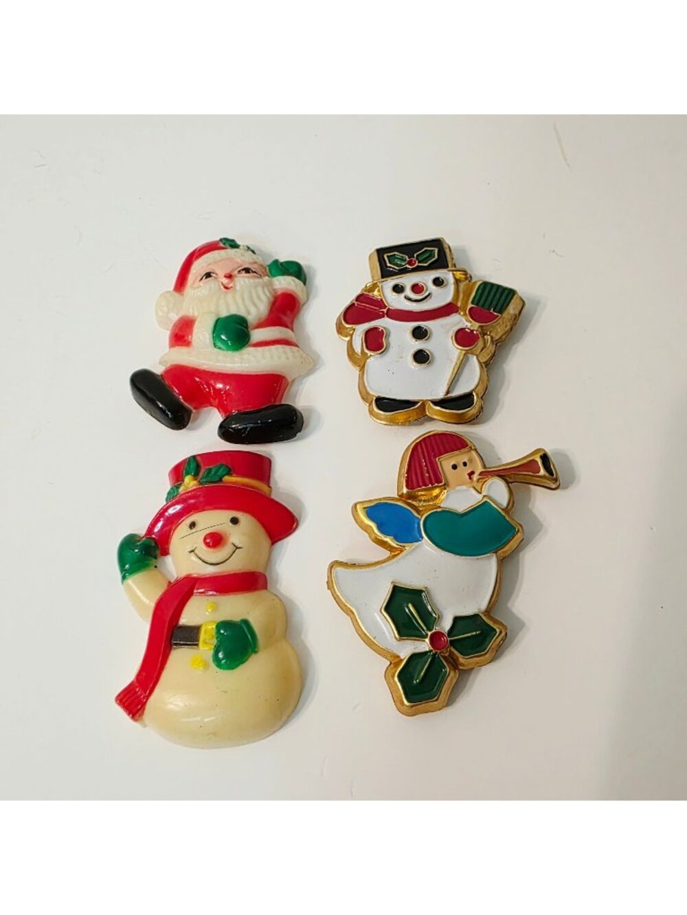 4 Vtg Plastic Enamel Gold Tone Holiday Christmas Fridge Magnets Snowman Angel
